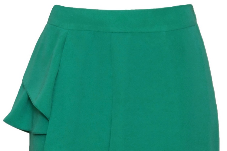 SK-084 กระโปรงทรงสอบ ผ้าคริสตัลสีเขียวมิ้นท์สีเขียวมิ้นท์ ด้านหน้า-ด้านข้างกระโปรงแต่งระบายไล่ระดับ
