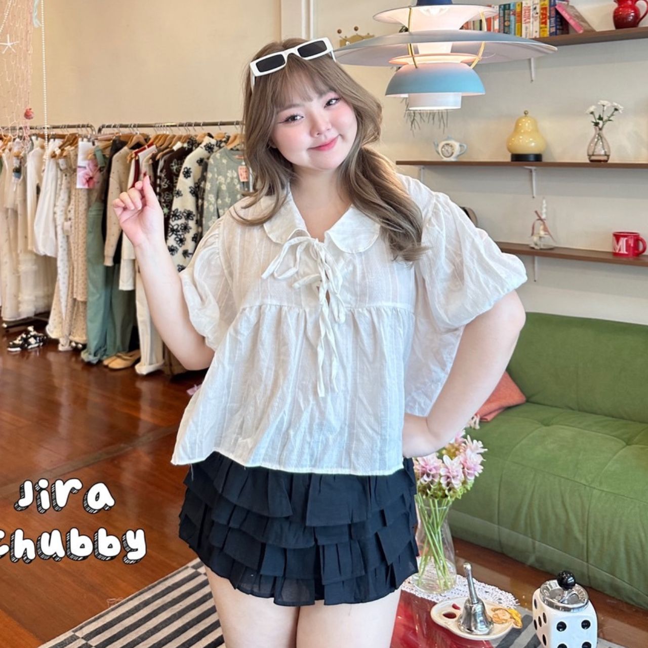 J184 เสื้อสาวอวบ คอบัว ผูกโบว์หน้า ขาว ชมพู อกได้ถึง48นิ้ว หน้าผ้า50นิ้ว
