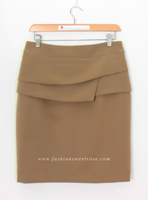 SK-469 กระโปรงทรงสอบ ผ้า Double Twist สีน้ำตาล Chocolate แต่งผ้าซ้อน 3 ชิ้น