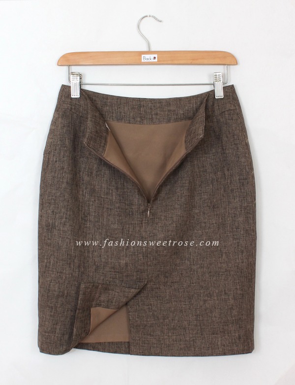 SK-423 กระโปรงแฟชั่น&ทำงาน ทรงสอบ ปักลายก้างปลา ผ้าคอตต้อนลินินไอริสสีน้ำตาล