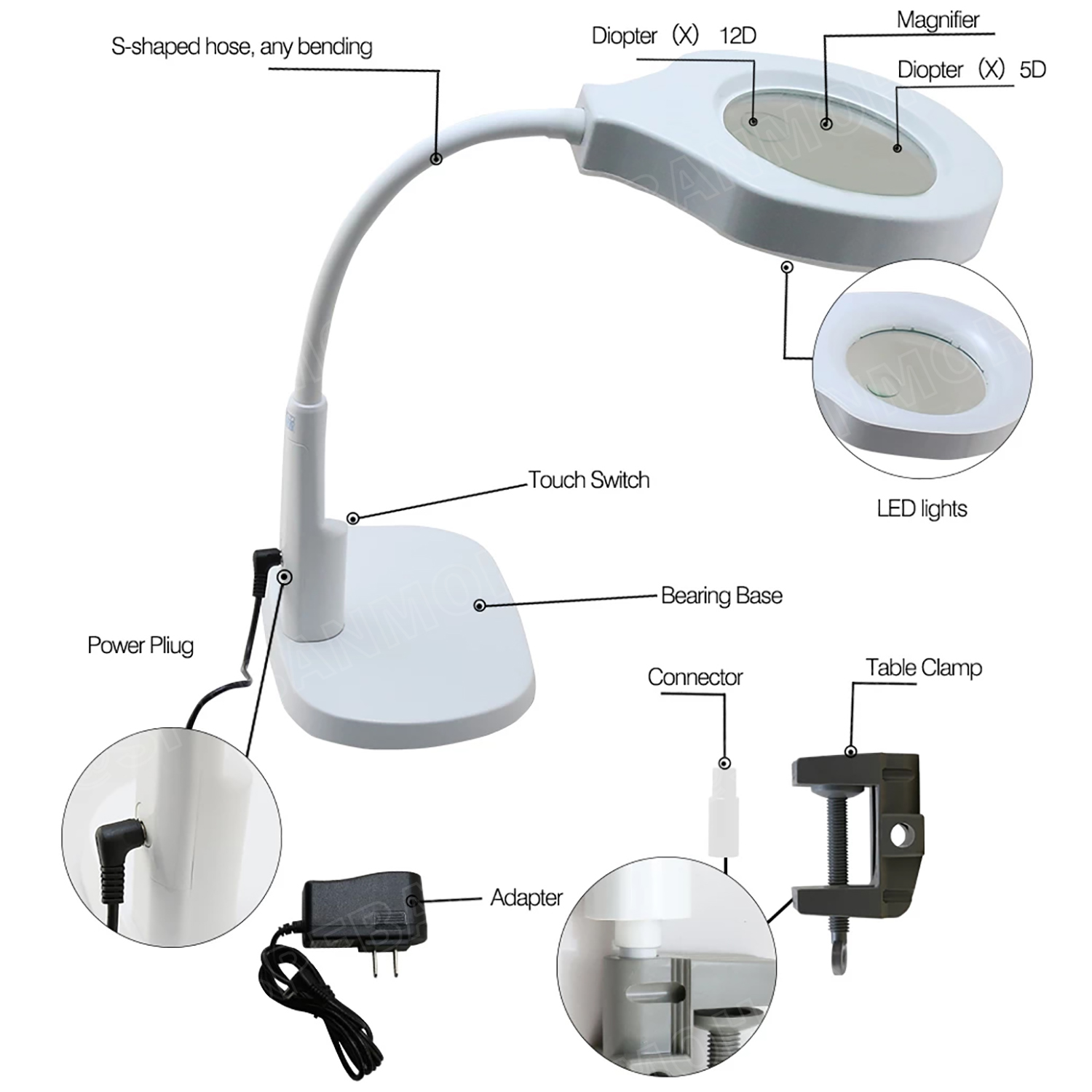 [ 1ชิ้น ] BEST BST โคมไฟตั้งโต๊ะ พร้อมแว่นขยาย สำหรับบัดกรีหรือแก้ไขชิ้นงาน Desk Magnifier Lamp LED Light Magnifying Glass โคมไฟตั้งโต๊ะ สวิตช์เปิด-ปิด ปรับความสว่างได้ เลนส์แว่นขยาย สำหรับขยายชิ้นงาน