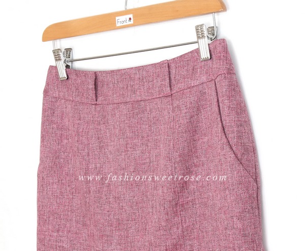 SK-431 กระโปรงแฟชั่น&ทำงาน ทรงสอบ ผ้าคอตต้อนลินินไอริสสีชมพู มีกระเป๋าล้วง 2 ข้าง