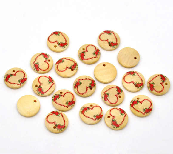 กระดุมไม้ห้อยต่างหูเพ้นท์ลายหัวใจ ขนาด 15mm แพ็ค 100 ชิ้น