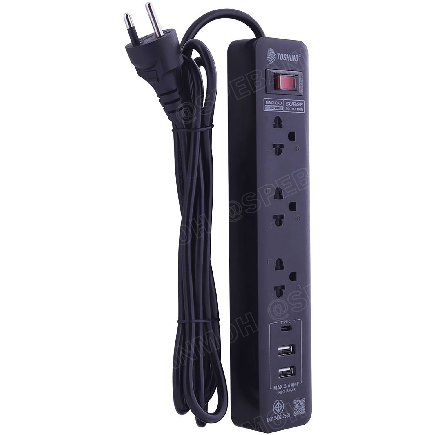 XY-33USB ปลั๊กราง Toshino 10A 2300W ปลั๊กพ่วง Toshino ปลั๊กไฟ Toshino รางปลั๊ก ปลั๊กราง ปลั๊กไฟ XY-33USB IEC53 3x0.75 sq.mm 2เมตร 3 ช่อง + 2 USB + 1 Type C Surge Protection ป้องกันไฟกระชาก ม่านนิรภัยป้อง กันนิ้วมือสัมผัสแผ่นทองเหลืองด้านใน วัสดุไม่ลามไฟ ไ