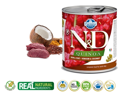 อาหารเปียกสุนัขเกรดซุปเปอร์พรีเมี่ยม Farmina N&D Quinoa Dog Skin & Coat Venison & Coconut Recipe 10.048oz จากอิตาลี