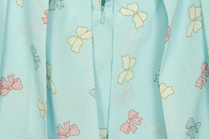 SK-176 กระโปรงแฟชั่น&ทำงาน ผ้าหางกระรอกพิมพ์ลายโบว์สีฟ้า มีโบว์ซ้อนกัน 2 ชั้น