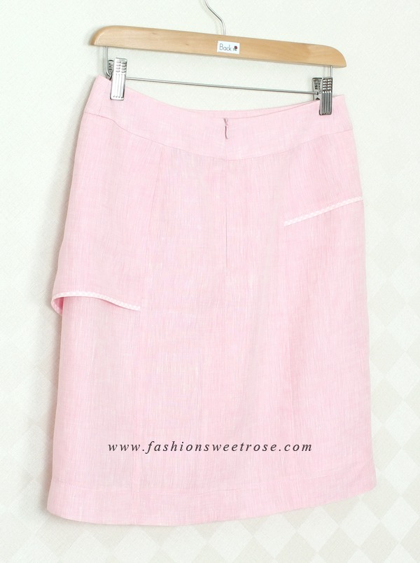 SK-314 กระโปรงทรงเอ ผ้าลินินญี่ปุ่นสีชมพู แต่งกุ้นระบายด้วยผ้าลายสก๊อต