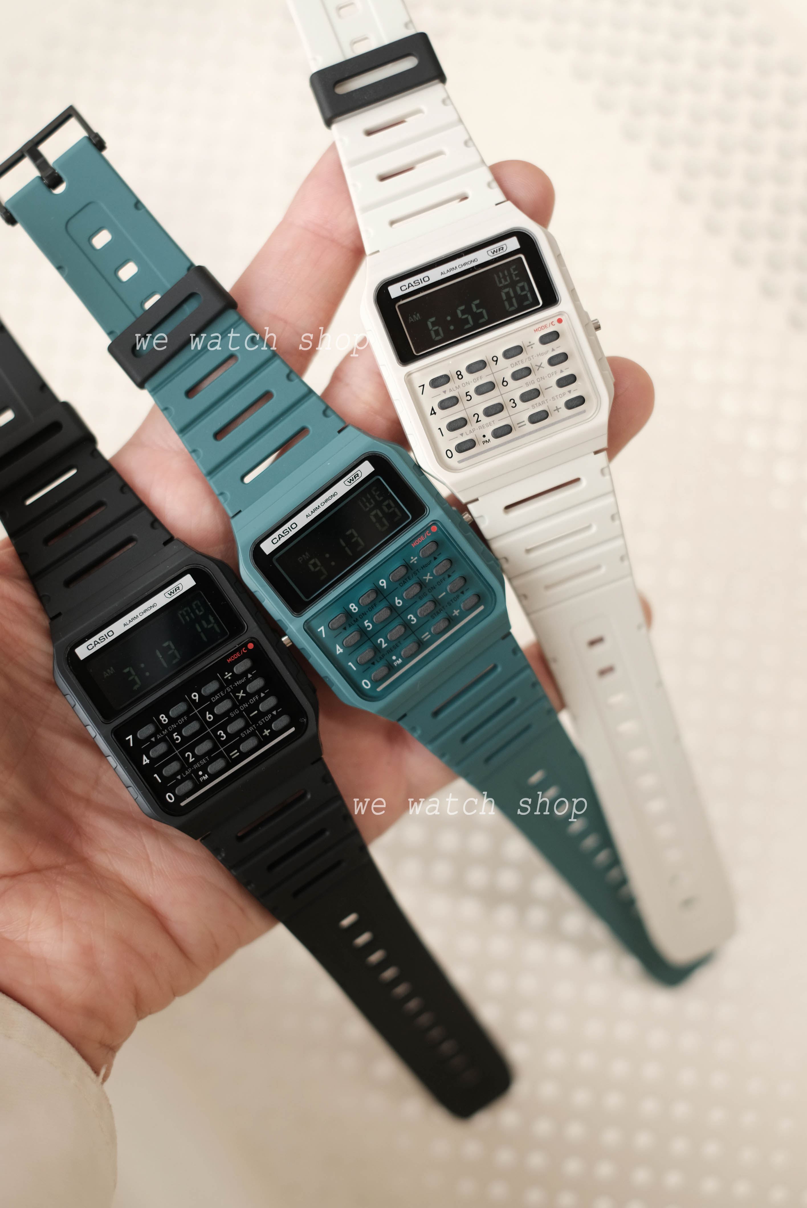 CASIO รุ่น CA-53WB-3BDF สีเขียว ฟ้า สายเรซิ่น นาฬิกา คิดเลข DATA BANK สินค้าของเเท้ รับประกันศูนย์ CMG 1 ปี