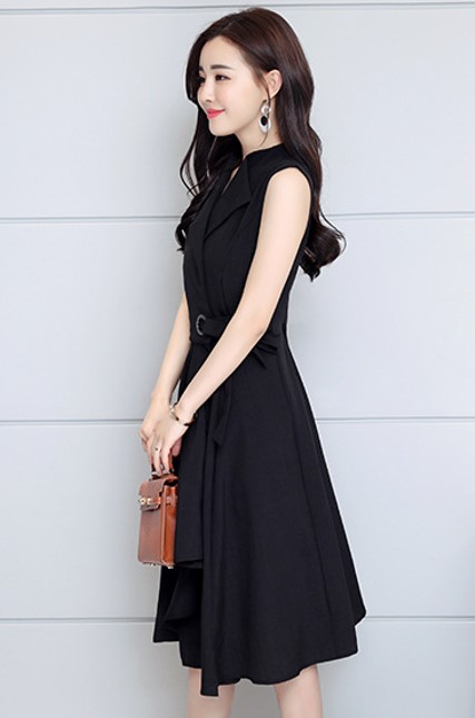 ชุดเดรสแขนกุดผ้าชีฟองผสมผ้าฝ้าย สีดำ