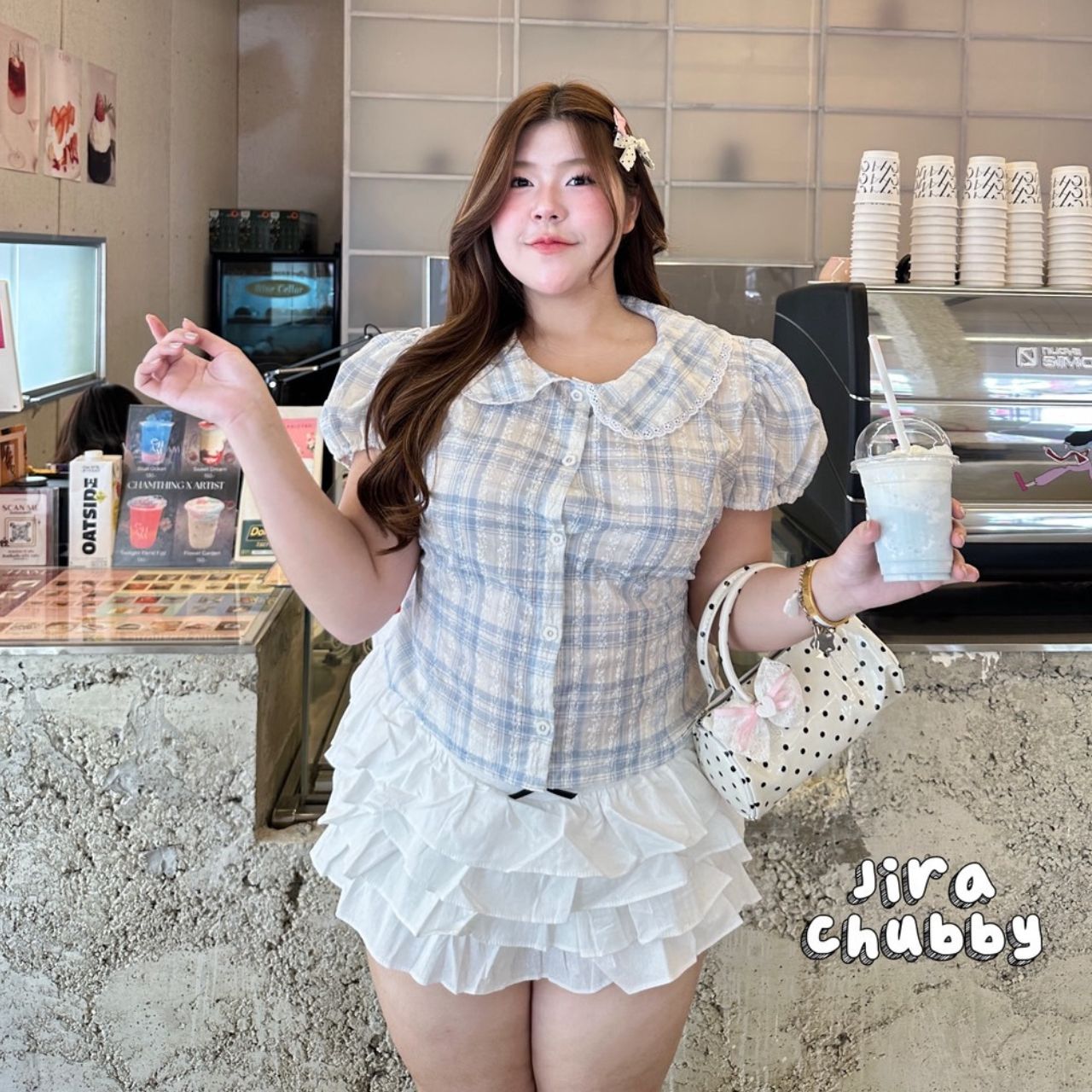 J152 เสื้อสาวอวบ คอบัวแต่งลูกไม้ แขนตุ๊กตา มีเชือกพูกหลัง ฟ้า ชมพู อกได้ถึง48นิ้ว หน้าผ้า50นิ้ว