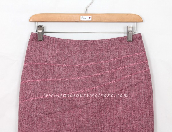 SK-422 กระโปรงแฟชั่น&ทำงาน ทรงสอบ ปักลายก้างปลา ผ้าคอตต้อนลินินไอริสสีชมพู