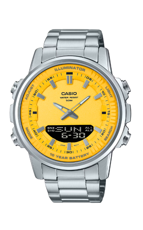 CASIO รุ่น AMW-880D-9AVDF กรอบสีเงิน สายสเเตนเลส สีเงิน จอสีเหลือง สินค้าใหม่ ของเเท้ รับประกันศูนย์ CMG 1 ปี