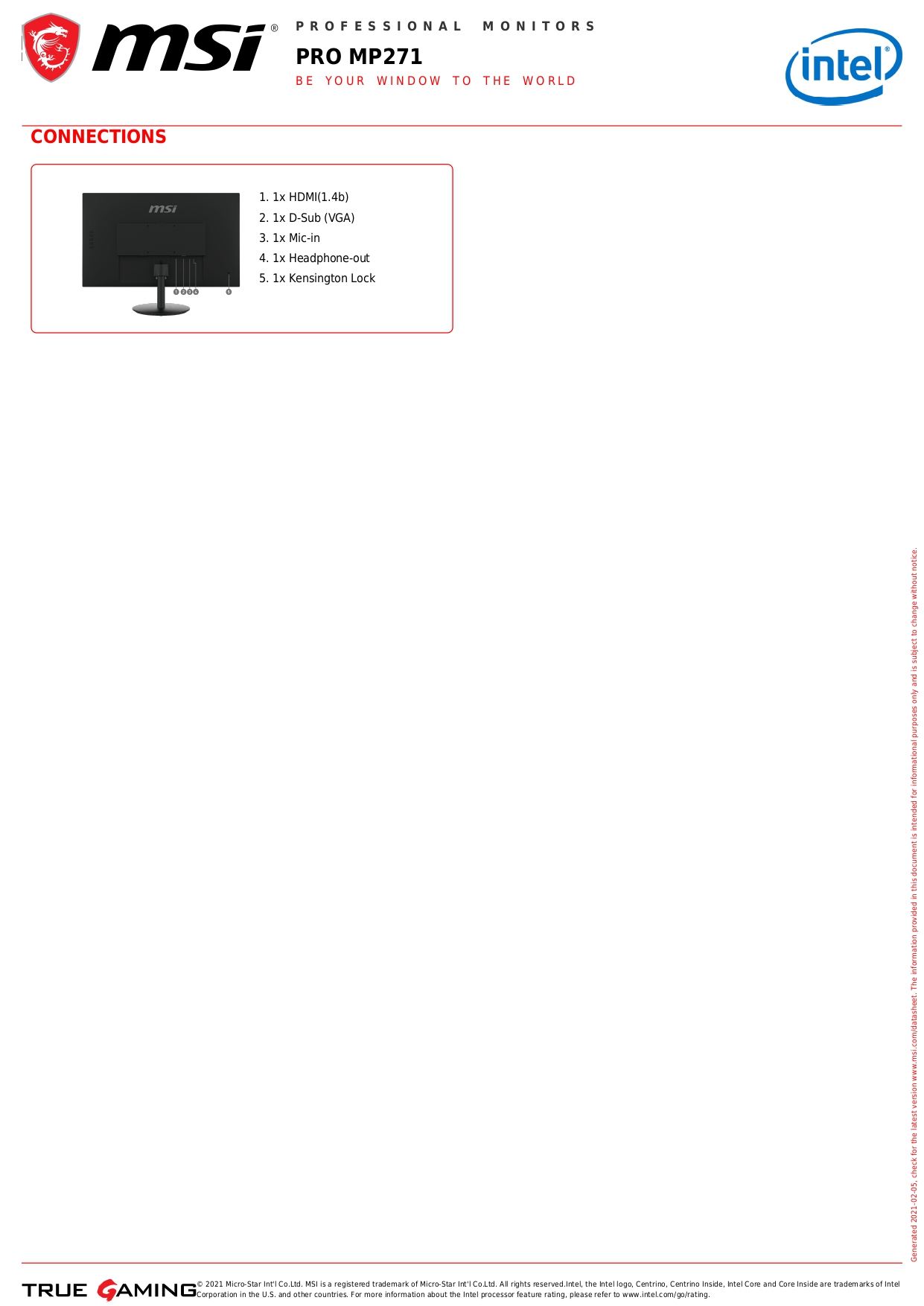 Monitor MSI PRO MP271 27"(IPS,75Hz,VGA,HDMI) PROFESSIONAL II รับประกัน 3 ปี