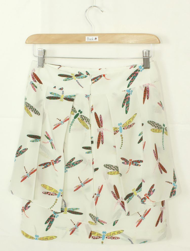 SK-164 กระโปรงแฟชั่น&ทำงาน ผ้าหางกระรอกพิมพ์ลายแมลงปอพื้นขาว มีโบว์ซ้อนกัน 2 ชั้น
