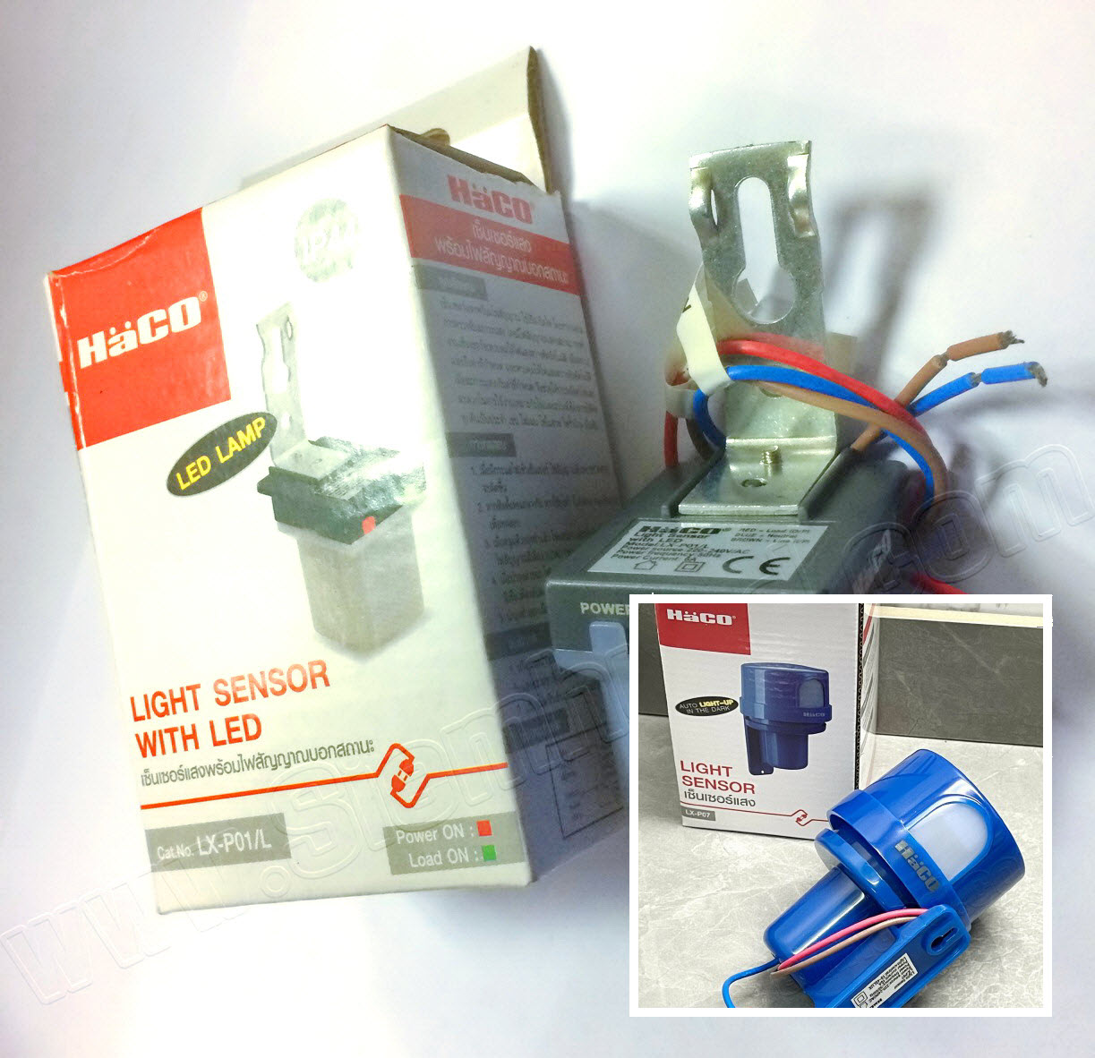 สวิทช์แสงแดด Sun-Light Control Switches และ รุ่นมีไฟ LX-P01L (LED) บอกสถานะ (HACO) รุ่น LX-P01 (IP44), รุ่น LX-P02 (IP44), รุ่น LX-P07, LX-P01L (LED) (IP55)