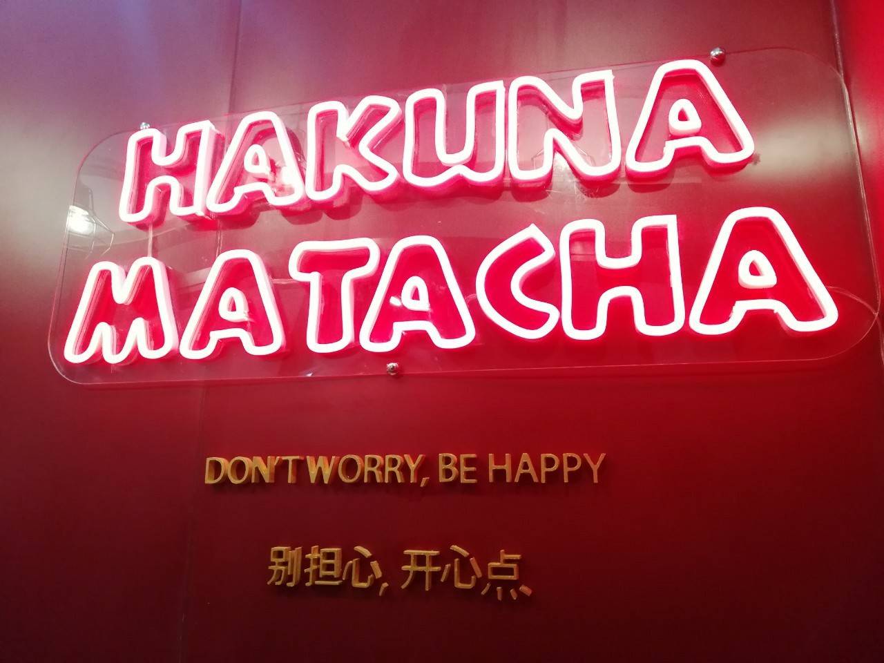 งานติดตั้งป้ายนีออน LED แสงสีแดงHAKUNA MATACHSอะคริลิคใสรองหลัง