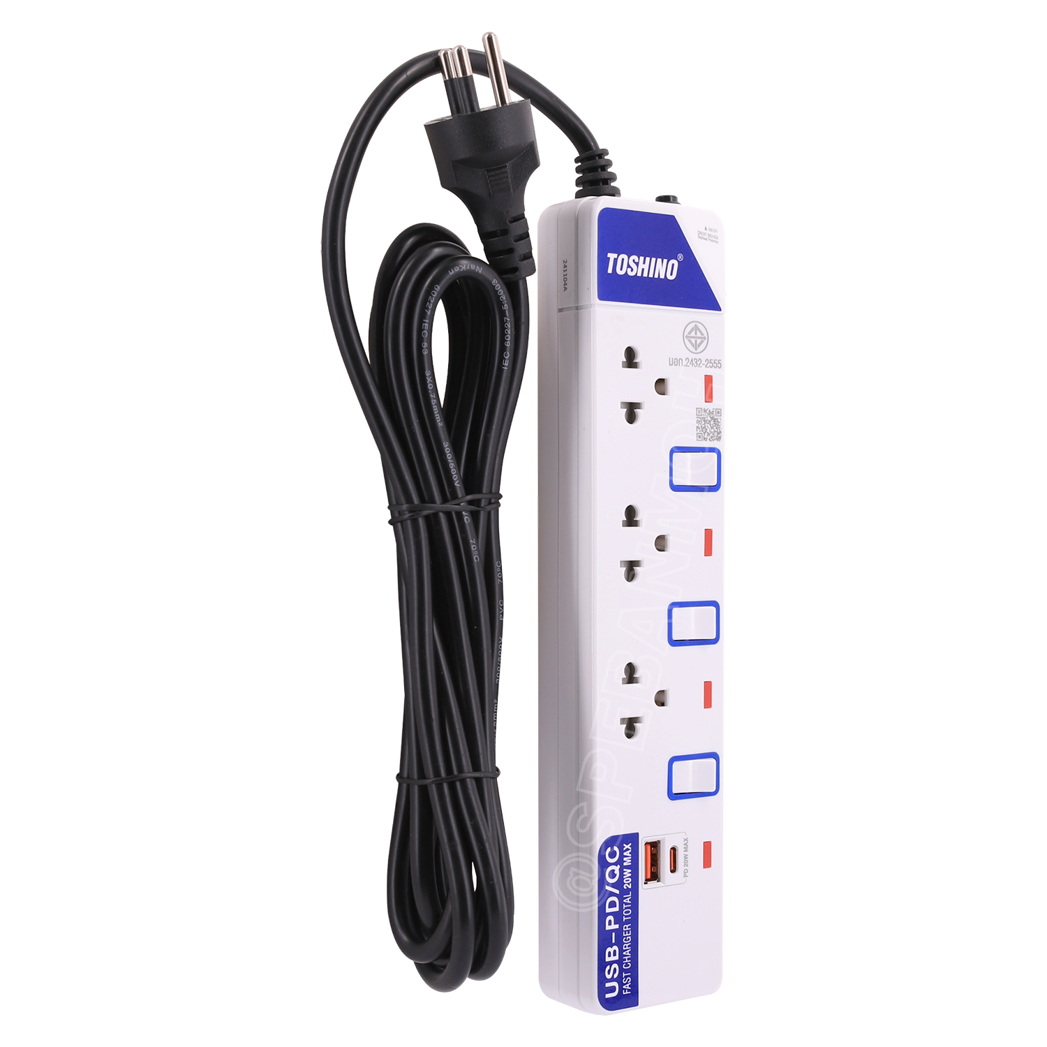 [ 1 ชิ้น ] ET-913UC รางปลั๊กพ่วง TOSHINO PD/QC20W Type-C/USB มี 3 เต้าเสียบ 3 เมตร มีสวิทช์แยก 3 Socket 2300W 3X0.75 sq.mm 10A Surge Protection Circuit Breaker USB 3.1A Charger ม่านนิรภัยป้องกันนิ้วมือ ET-913 ET913