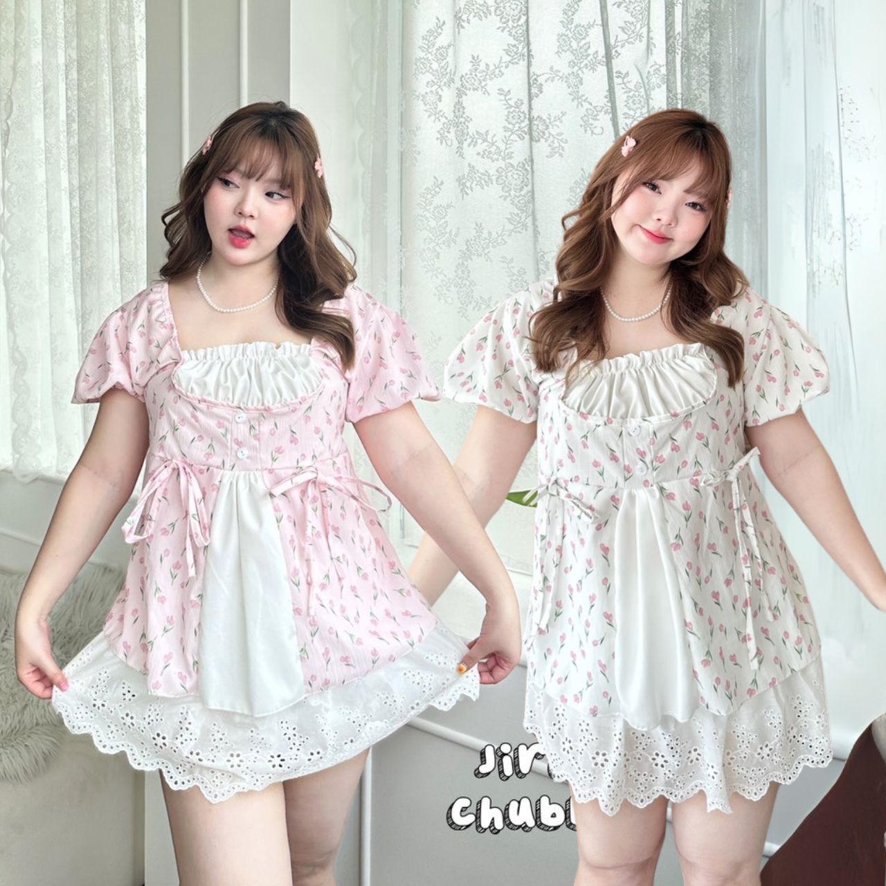 J121 เสื้อสาวอวบ แขนตุ๊กตา ลายดอกทิวลิป สีหวาน อกได้ถึง50นิ้ว หน้าผ้า52นิ้ว ขาว ชมพู อก 40-50นิ้ว