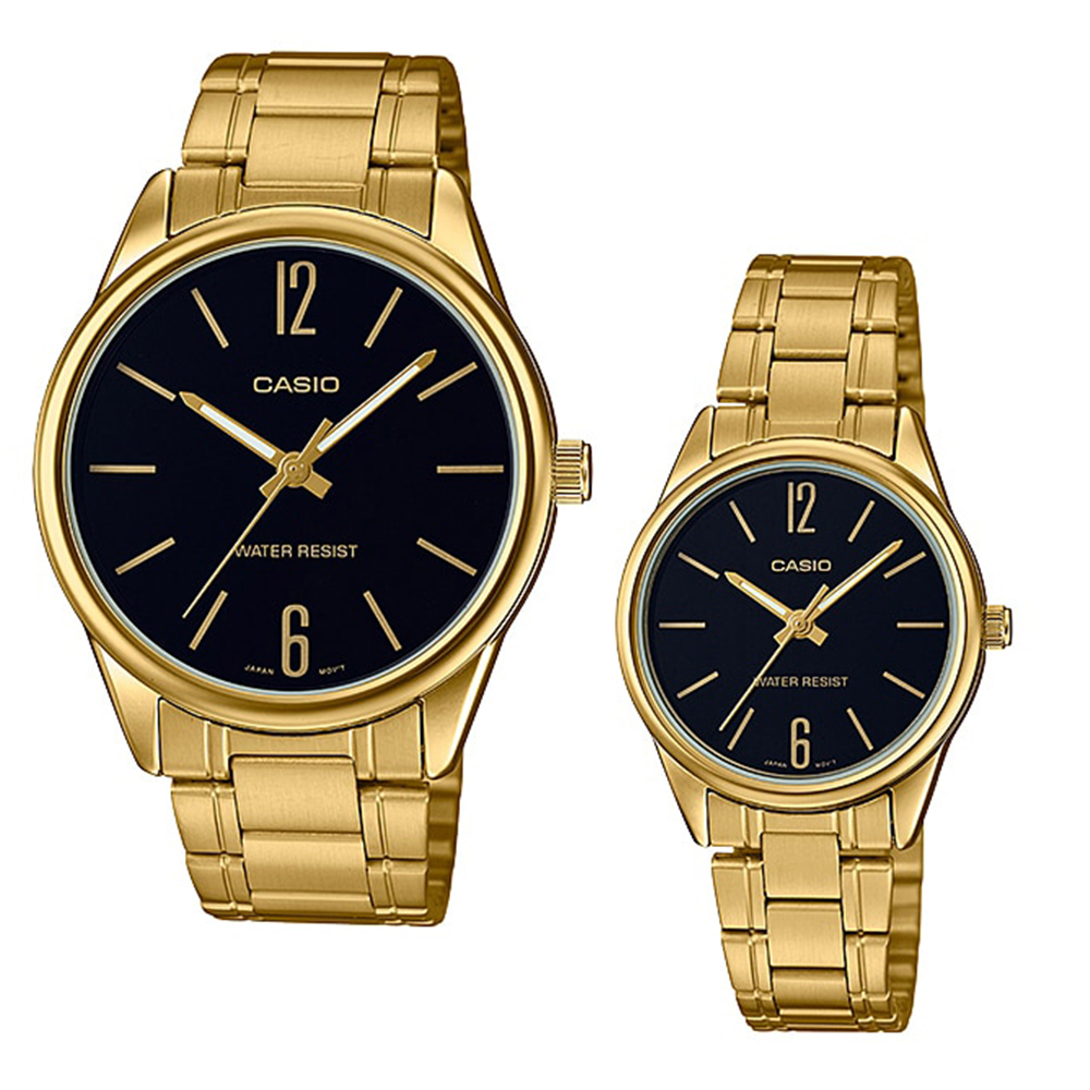 CASIO Standard รุ่น MTP-V005G-1BUDF & LTP-V005G-1BUDF สีทอง หน้าปัดดำ สายสแตนเลส