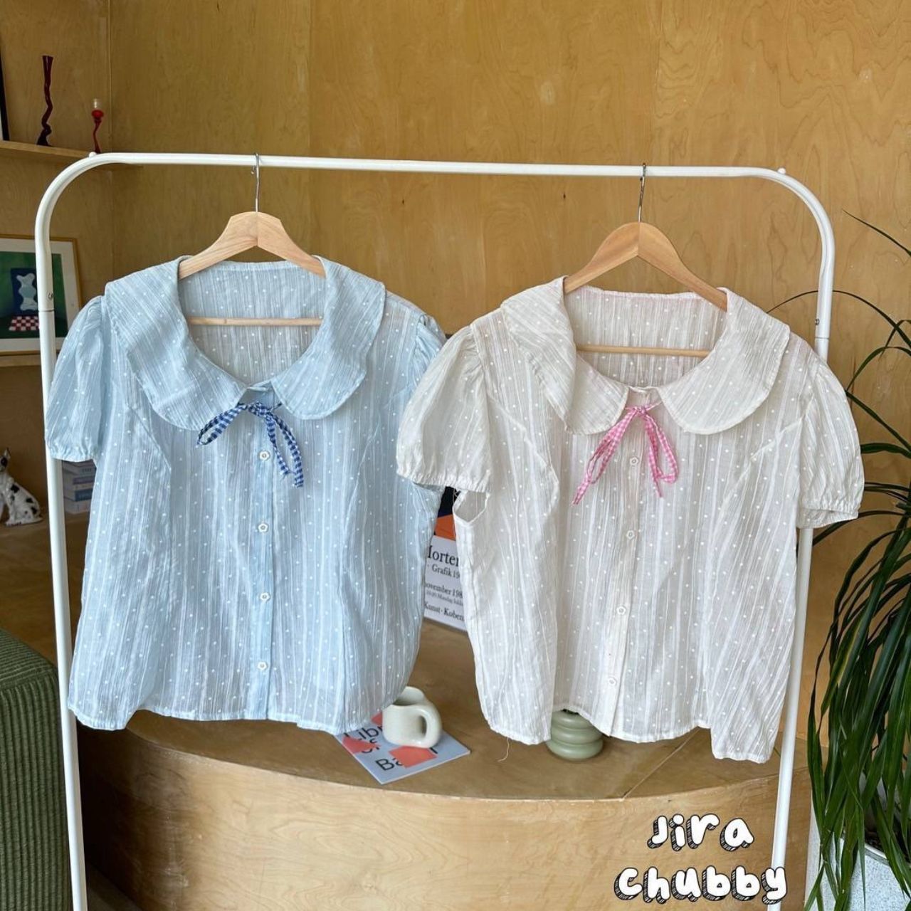 J160 เสื้อสาวอวบ คอบัวแต่งโบว์ แขนตุ๊กตา มีเชือกพูกหลัง ฟ้า ขาว อกได้ถึง48นิ้ว หน้าผ้า50นิ้ว