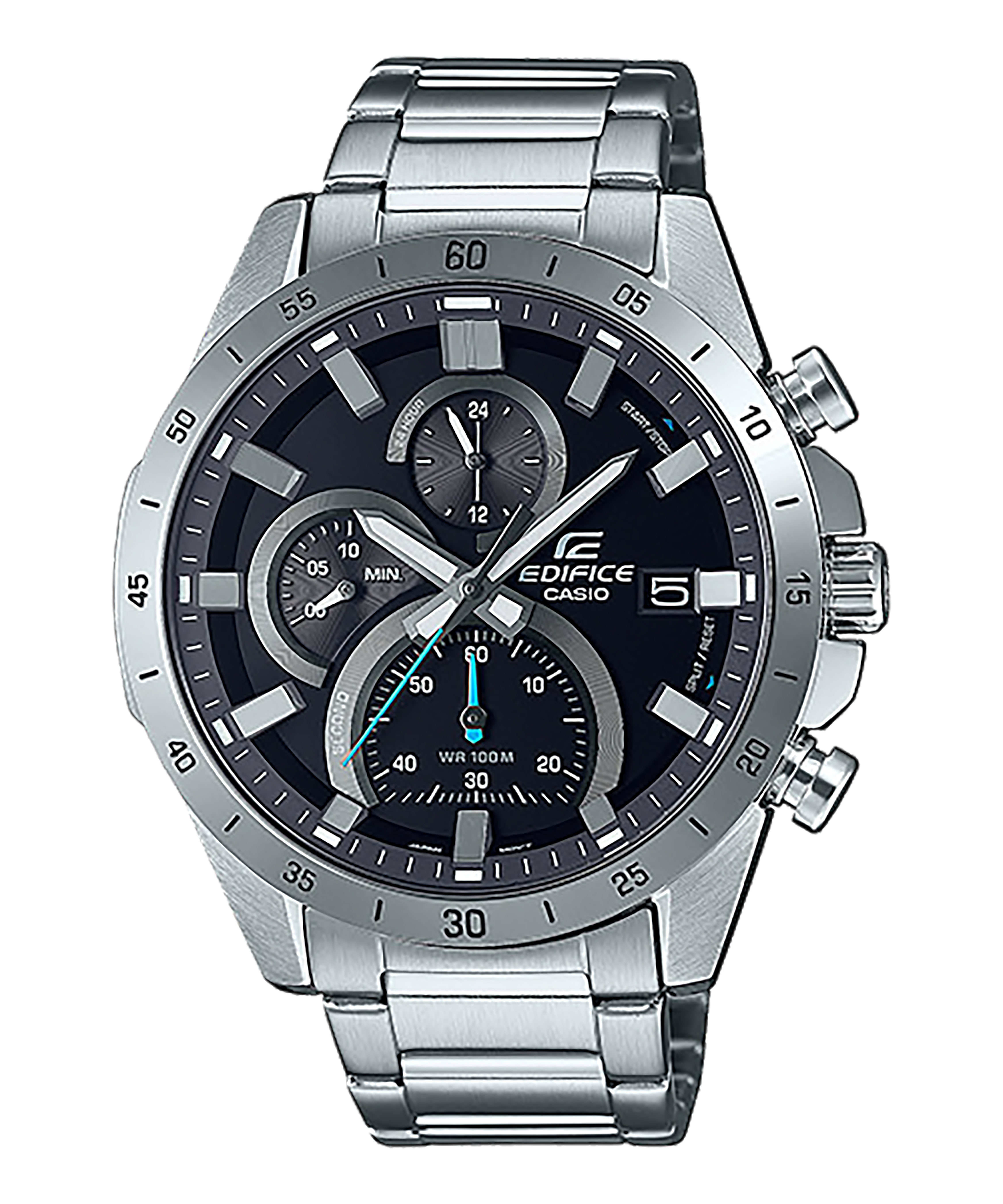 CASIO EDIFICE รุ่น EFR-571D-1AVUDF สายสแตนเลส สีเงิน จอดำ เข็มวินาทีสีฟ้า สินค้าใหม่ ของแท้ รับประกันศูนย์ CMG