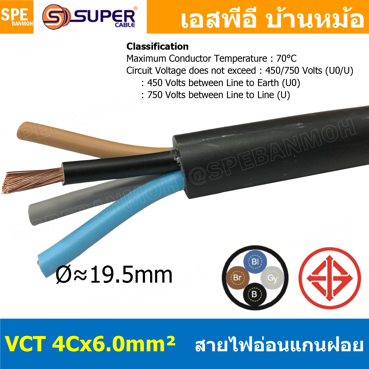 [ 1 เมตร ] VCT-4x6.0 สาย VCT 4C X 6.0 sq.mm สายอ่อน 4 คอร์ Size 6.0 sq.mm VCT AC Power Cable สายไฟ AC สายปลั๊ก IEC53 สายมาตรฐาน มอก. TIS 11-2553 4x6.0 สายไฟเอซี สายไฟบ้าน VCT Cable Flexible Cable สายไฟ ฉนวนPVC สายไฟอ่อน