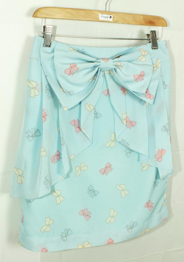 SK-176 กระโปรงแฟชั่น&ทำงาน ผ้าหางกระรอกพิมพ์ลายโบว์สีฟ้า มีโบว์ซ้อนกัน 2 ชั้น