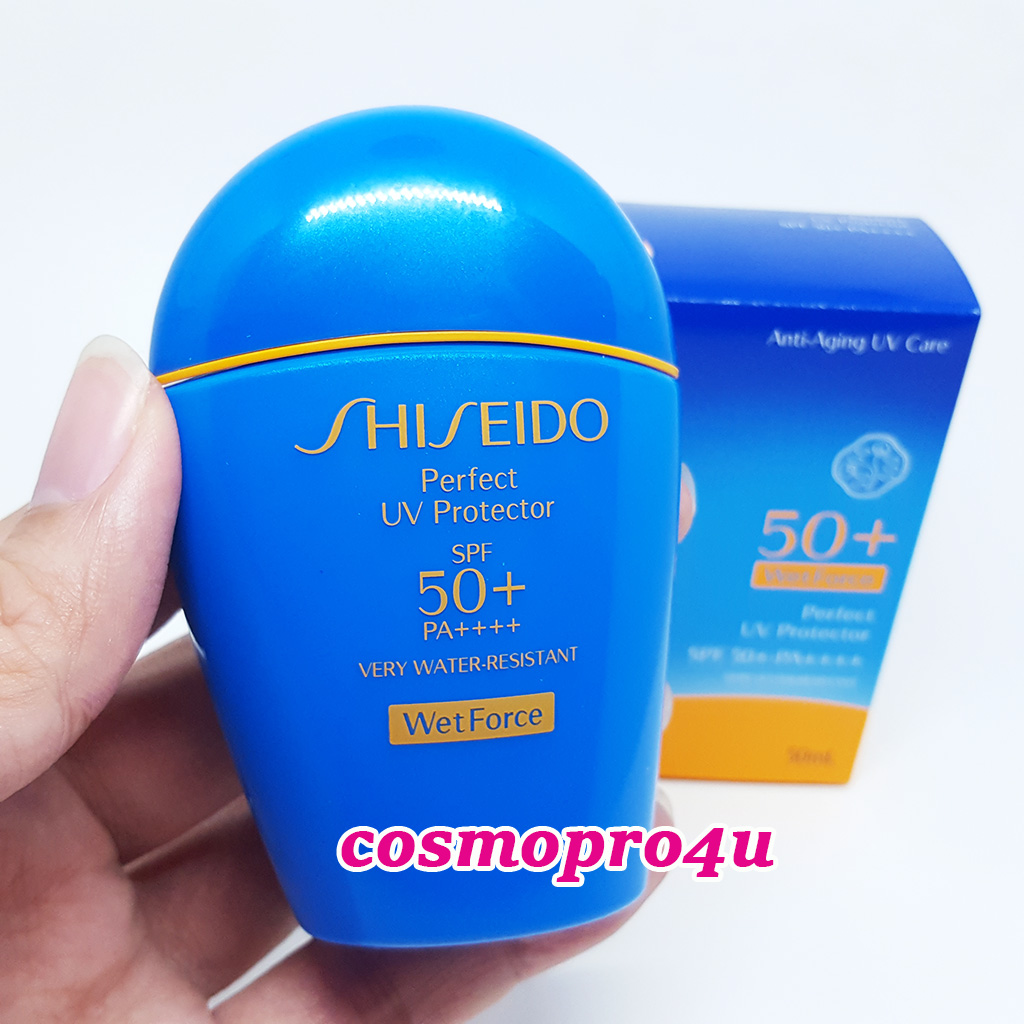 กันแดดกันน้ำ ชิเซโด้ สีน้ำเงิน SHISEIDO Perfect UV Protector SPF50+/PA++++ 50ml wet force บางเบาไม่เหนอะหนะ (ผลิตปี2017)