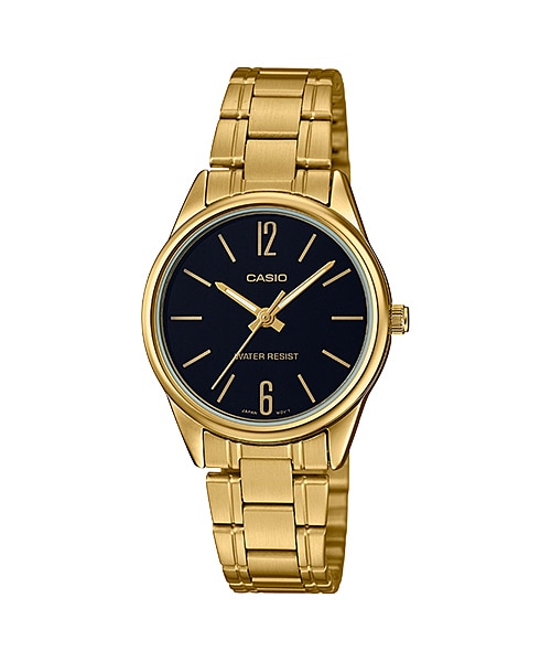 CASIO Standard รุ่น LTP-V005G-1BUDF สีทอง หน้าปัดดำ สายสแตนเลส สินค้าใหม่ ของแท้ รับประกันศูนย์ CMG 1 ปี