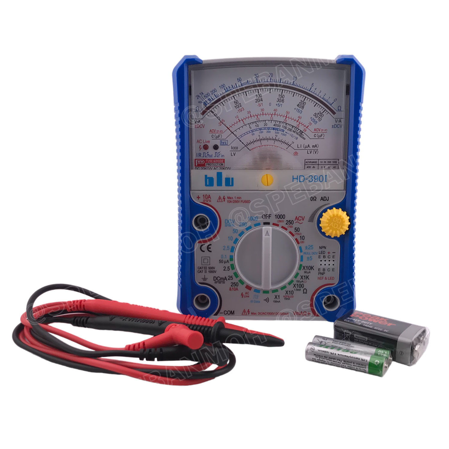 [ 1เครื่อง ] HD-390I มัลติมิเตอร์แบบเข็มอนาล็อก Blu Professional Analogue Multimeter มิเตอร์วัดไฟ วัดโวลต์ วัดกระแส มิเตอร์ AC DC มิเตอร์เข็ม วัดกะแส มัลติมิตเตอร์ แบบเข็ม กระแสตรง กระแสสลับ ค่าความต้านทาน 100VAC/DC DC500mA CATIII แม่นยำสูง