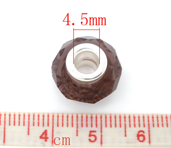 ลูกปัดแก้วสีน้ำตาลเม็ดกลมเหลี่ยมเจีย แกนเงิน ขนาด 14x9mm 10 เม็ด