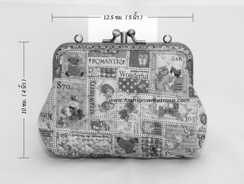 QLT-014 กระเป๋าปิ๊กแป๊กแบบ 2 ช่อง ใส่เหรียญและธนบัตร ผ้าลายแสตมป์แนววินเทจ