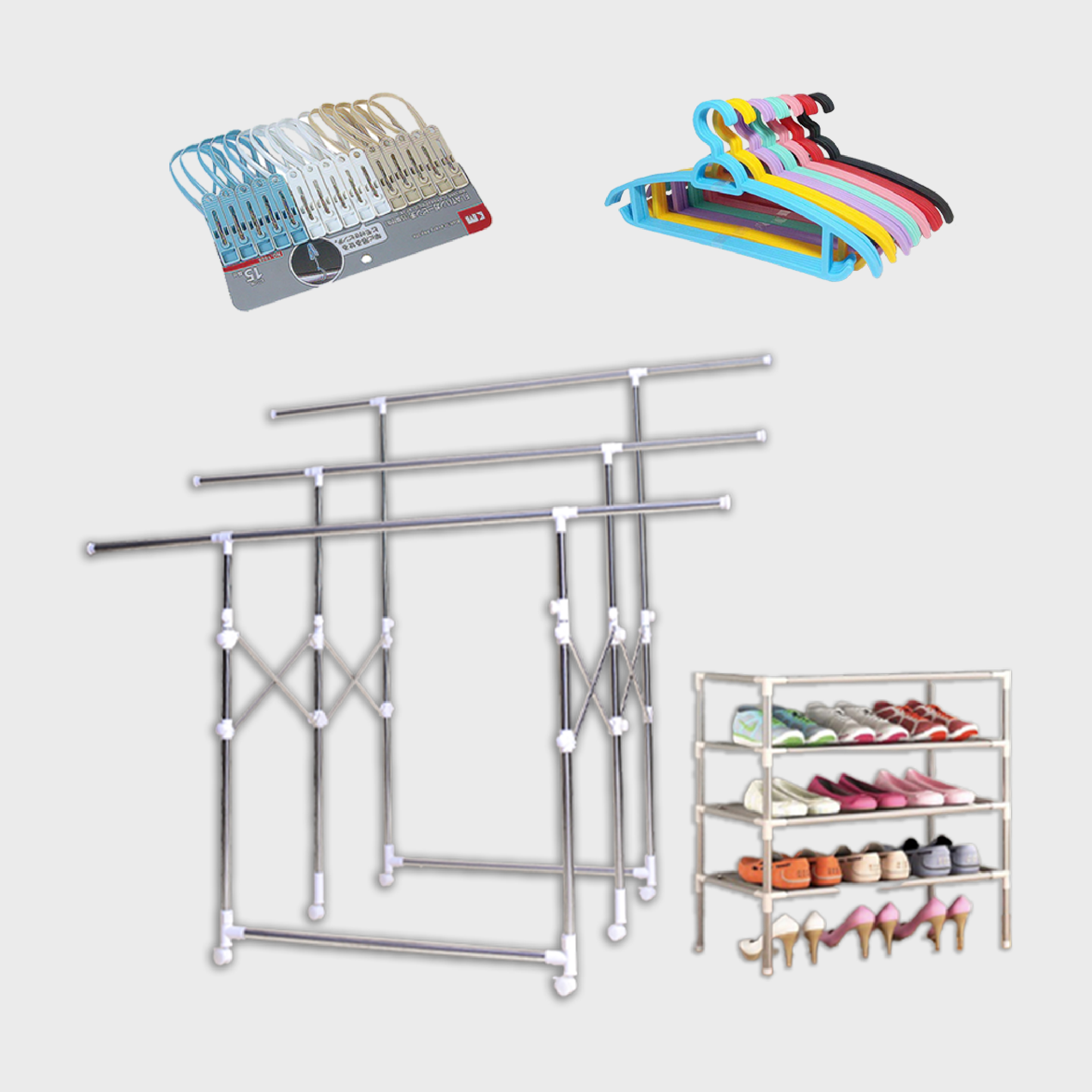 ราวตากผ้าสเตนเลส 6ล้อ ยืด หด ได้ เคลื่อนย้ายสะดวก SUPER RACK + ไม้เแขวน + ไม้หนีบแบบแขวน + ชั้นวางรองเท้า