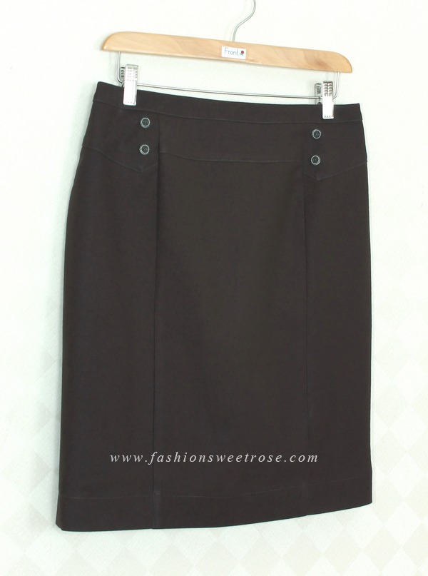 SK-373 กระโปรงทรงสอบ ผ้าญี่ปุ่นสีน้ำตาลเข้ม ด้านหน้ากระโปรงดีไซน์ตัดต่อ