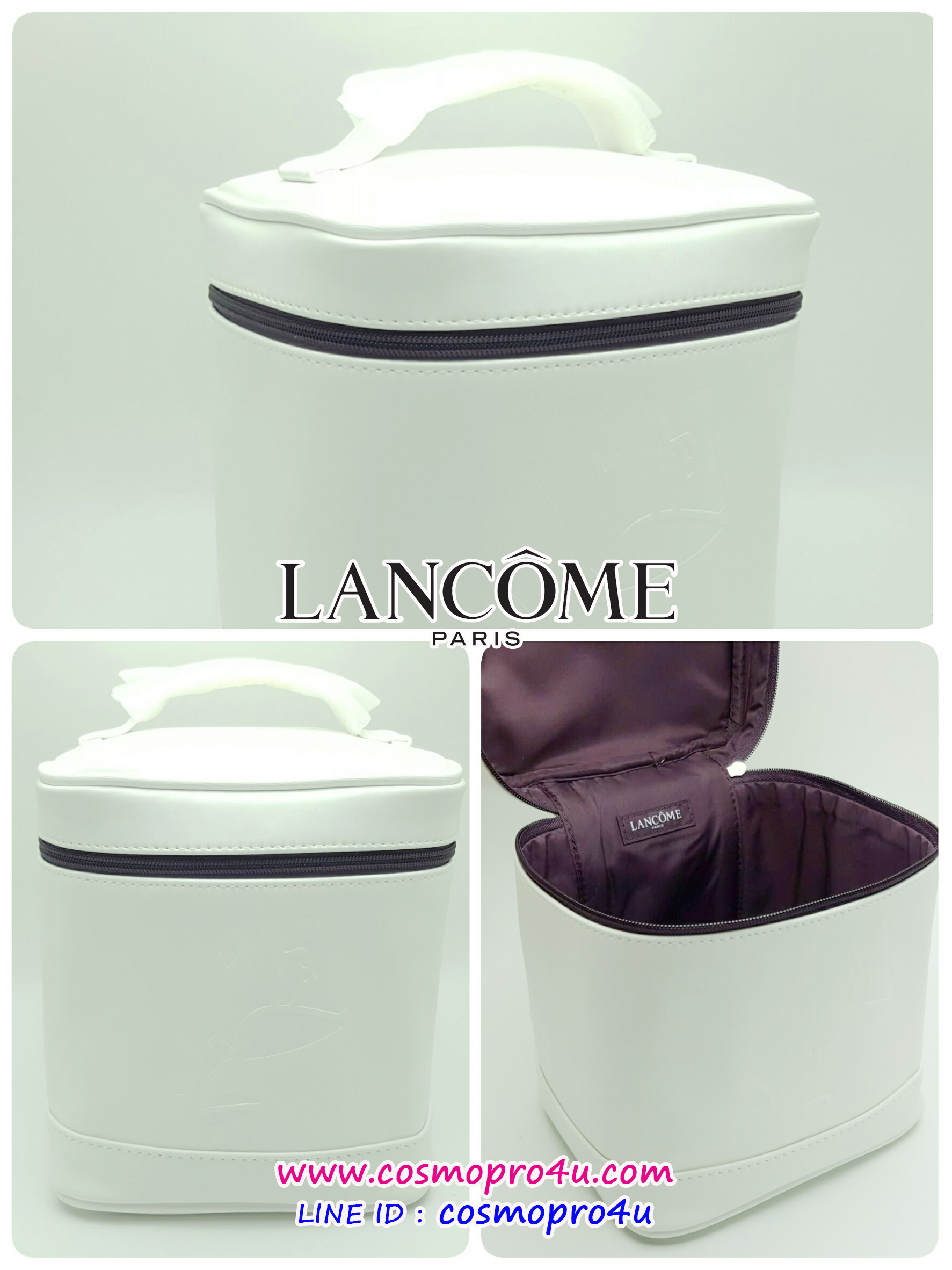 กระเป๋าเอนกประสงค์ลังโคม LANCOME vanity ทรงปิ่นโตสีขาวมีหูหิ้ว ซิบรอบสีดำตัดกันเด่น ตัดเย็บดี ด้านหน้าปั๊มนูนลายโลโก้ลังโคม 7x7x5นิ้ว ต้องมีดีงาม