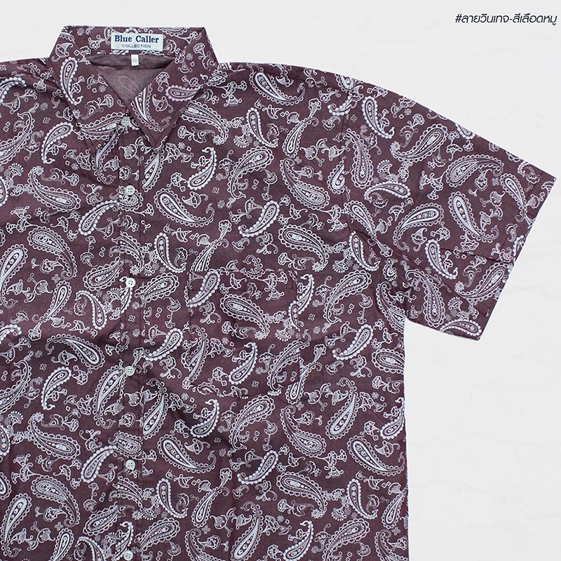 เสื้อเชิ๊ตแขนสั้น ลายวินเทจ สีเลือดหมู