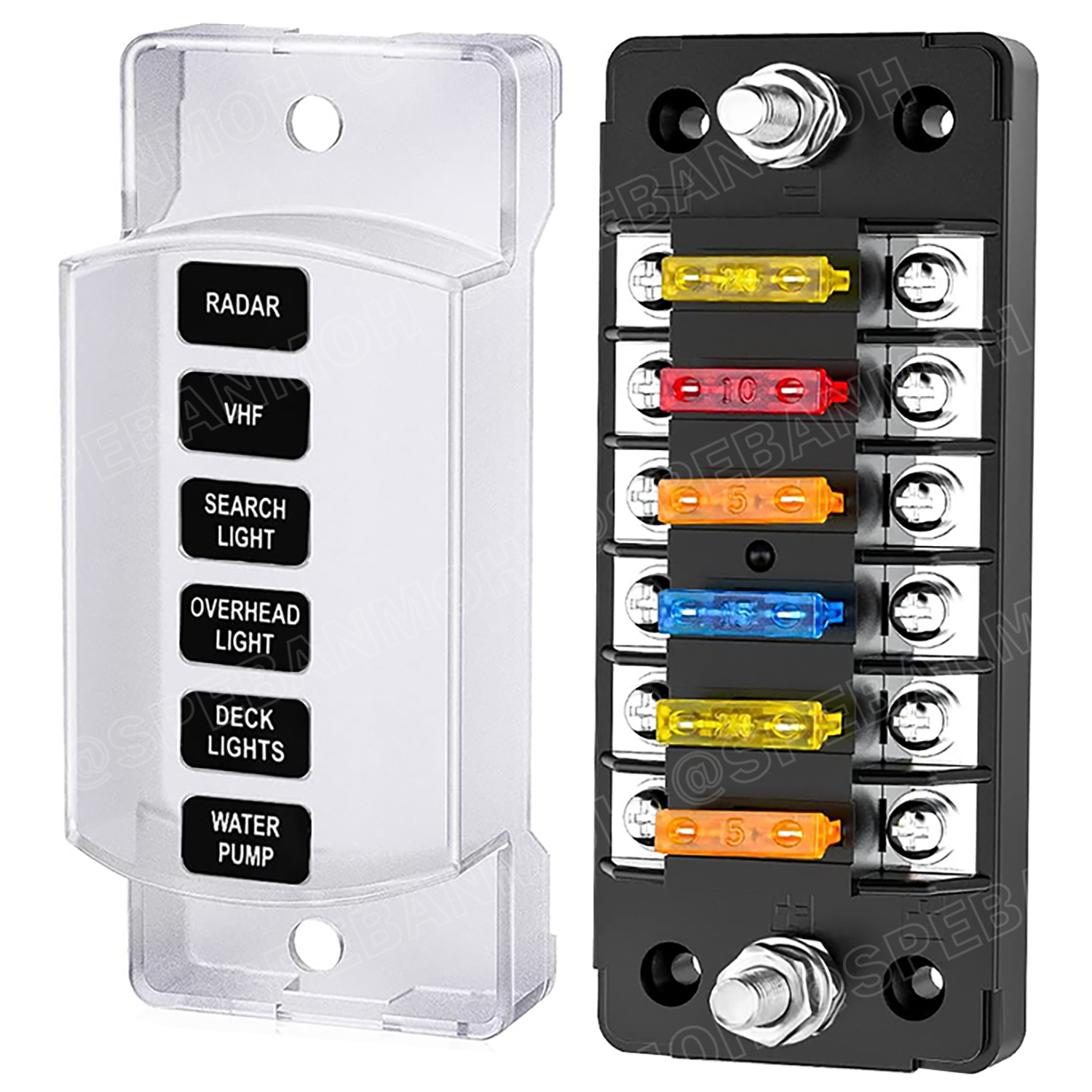 [ 1ชุด ] FB-1901 กล่องฟิวส์รถยนต์ 6 ช่อง พร้อมฝาครอบ FB-1901 6 Way Fuse Block กระบอกฟิวส์รถยนต์ 6ช่อง พร้อมลูกฟิวส์ Fuse Holder + Fuse MARINE FUSEBOX ชุดฟิวส์ตัดวงจร 12V 24V DC แผงฟิวส์รถยนค์ รถบรรทุก Auto Fuse 6 In 6 Out ชุดฟิวส์ ดีซี MAX 32VDC