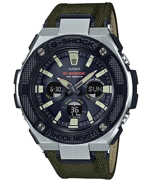 CASIO G-SHOCK รุ่น GST-S330AC-3ADR สีเงิน สายผ้า/หนังสีเขียวเข้ม สินค้าใหม่ ของแท้ รับประกันศูนย์ CMG