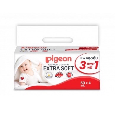 Pigeon พีเจ้น ทิชชู่เปียก เบบี้ไวพส์คาโมมายล์ 60 ชิ้น แพ็ค 3 ห่อ แถม 1 ห่อ
