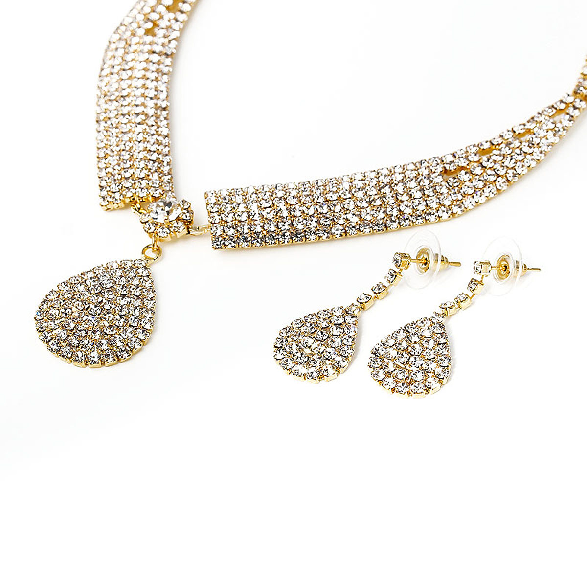สร้อยคอแฟชั่นเนื้อทองแดงชุบสีทอง ประดับพลอย Rhinestone พร้อมต่างหูหยดน้ำ เข้าชุด หรูหรา จำนวน 1 เซต