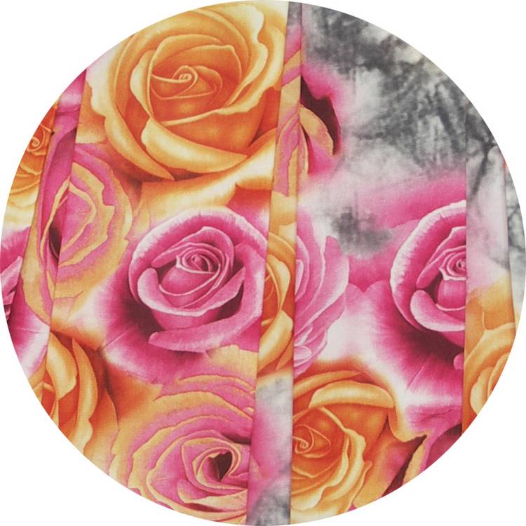 SK-090 กระโปรงแฟชั่น&ทำงาน ทรงบาน ผ้าพิมพ์ลายดอกกุหลาบสีชมพูเหลือง