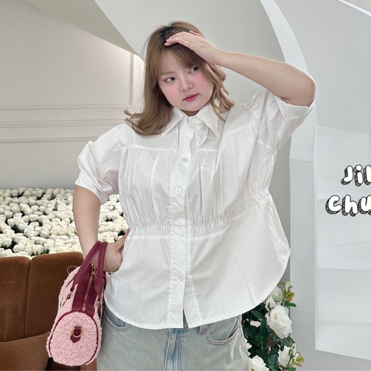 J102 เสื้อเชิ้ต สาวอวบ คอปกจับจีบตรงอก อกได้ถึง 50 นิ้ว (หน้าผ้า52นิ้ว) ชาว ดำ น้ำตาล อก 40-50 นิ้ว