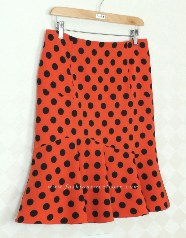 SK-302 กระโปรงแฟชั่น&ทำงาน ทรงย้วย ผ้าไหมอิตาลีสีส้มพิมพ์ลาย Polka Dot จุดดำ