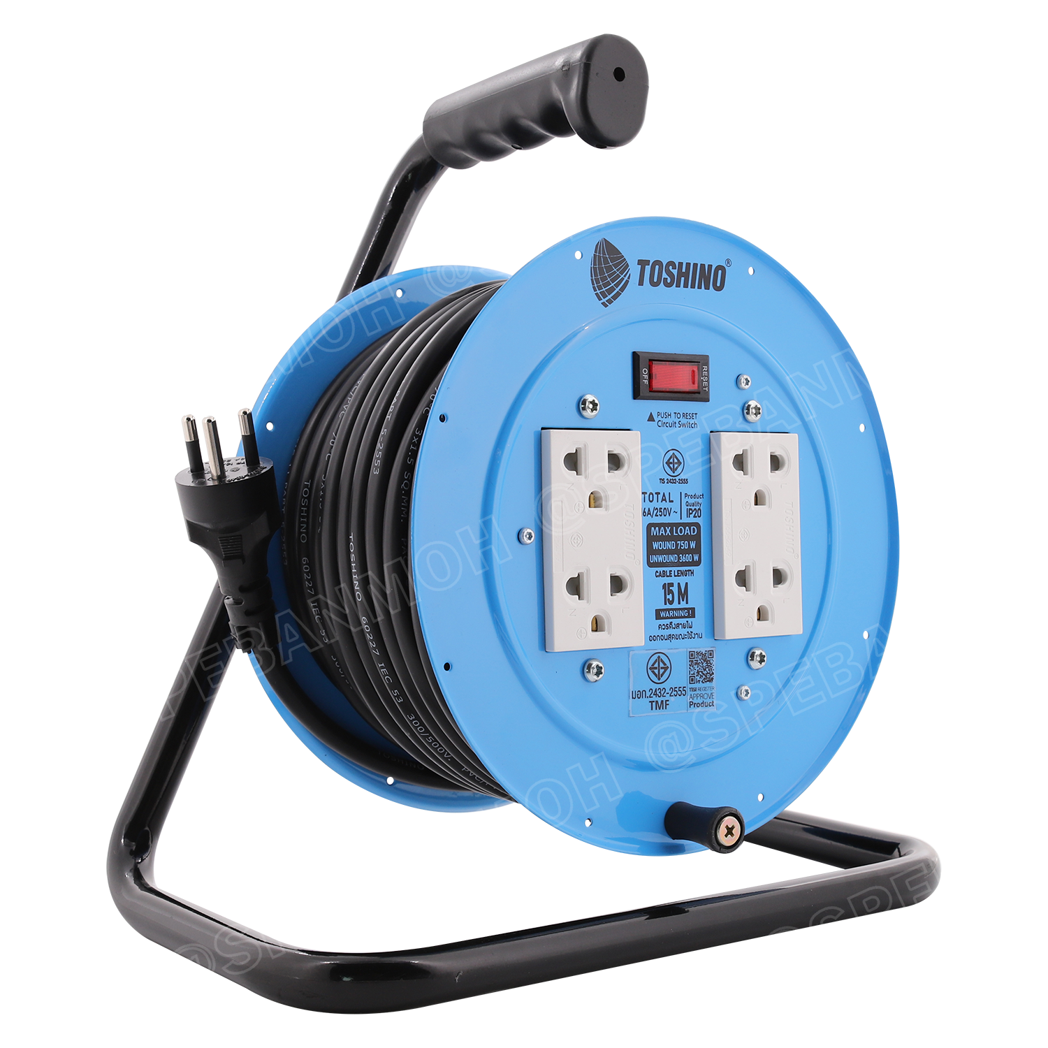 MN2-315T-15M ล้อไฟ Toshino ปลั๊กพ่วง Toshino ปลั๊กไฟ Toshino 16A 3600W MN2 315T 15M 15 เมตร ปลั๊กไฟแบบล้อ Toshino ยาว 15เมตร ล้อเก็บสายไฟ Toshino IP20 VCT 3 x 1.5 sq mm 15เมตร Toshino ระบบ ป้องกันกระแสไฟเกิน อัตโนมัติ ม่านนิรภัย มาตรฐานมอก