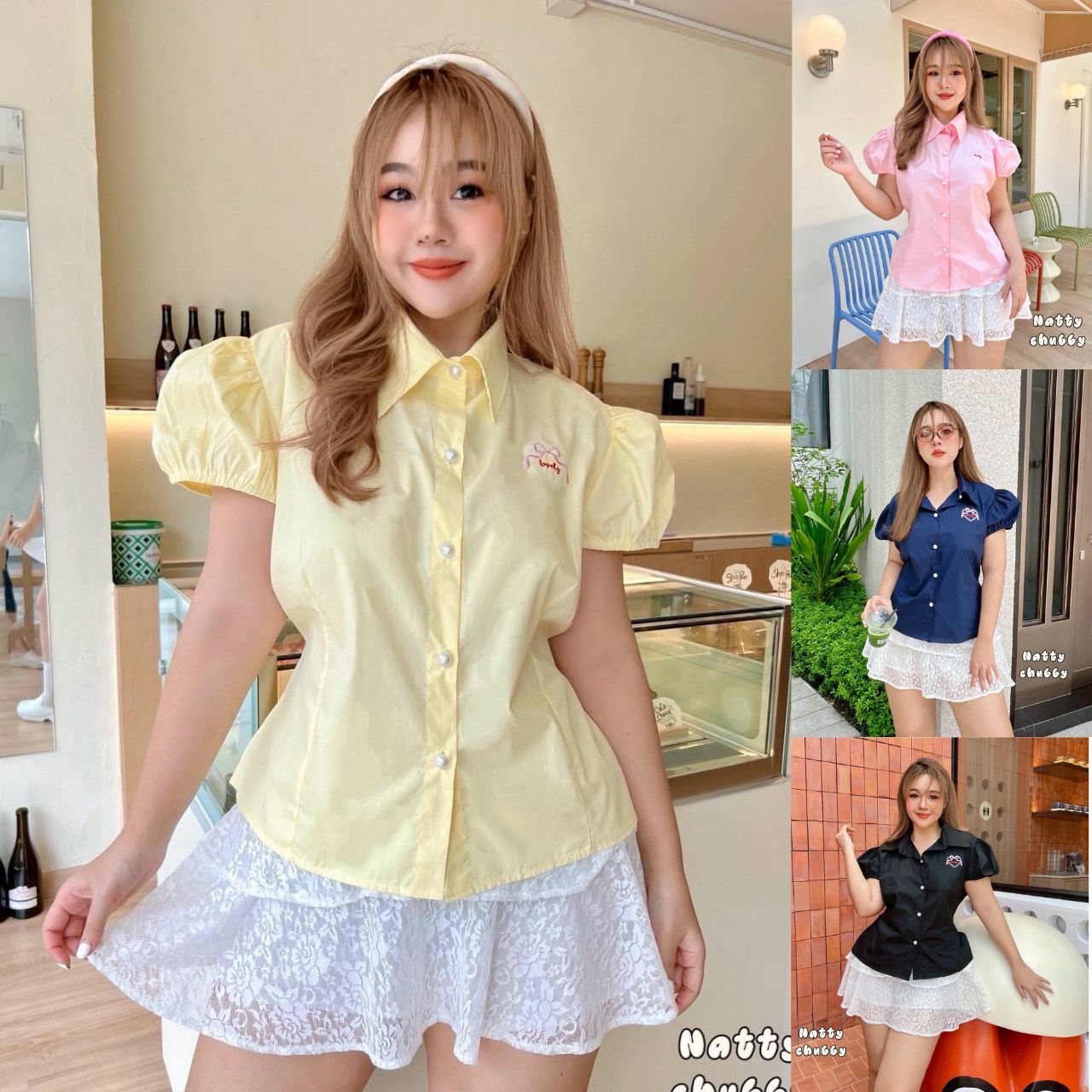 J162 เสื้อคอปก สาวอวบ แขนตุ๊กตา เหลือง ชมพู กรมท่า ดำ อก38-50นิ้ว หน้าผ้า52นิ้ว