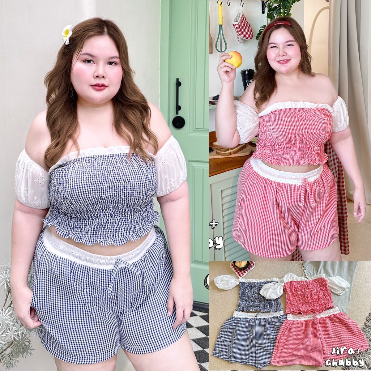 J023 ชุดเซ็ท สาวอวบ เสื้อเกาะอก มาพร้อมกางเกงขาสั้น อกได้ถึง48นิ้ว