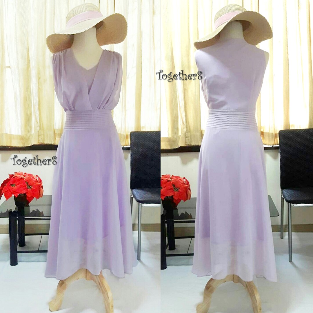 ชุดเดรสผ้าชีฟอง สีม่วงอ่อน