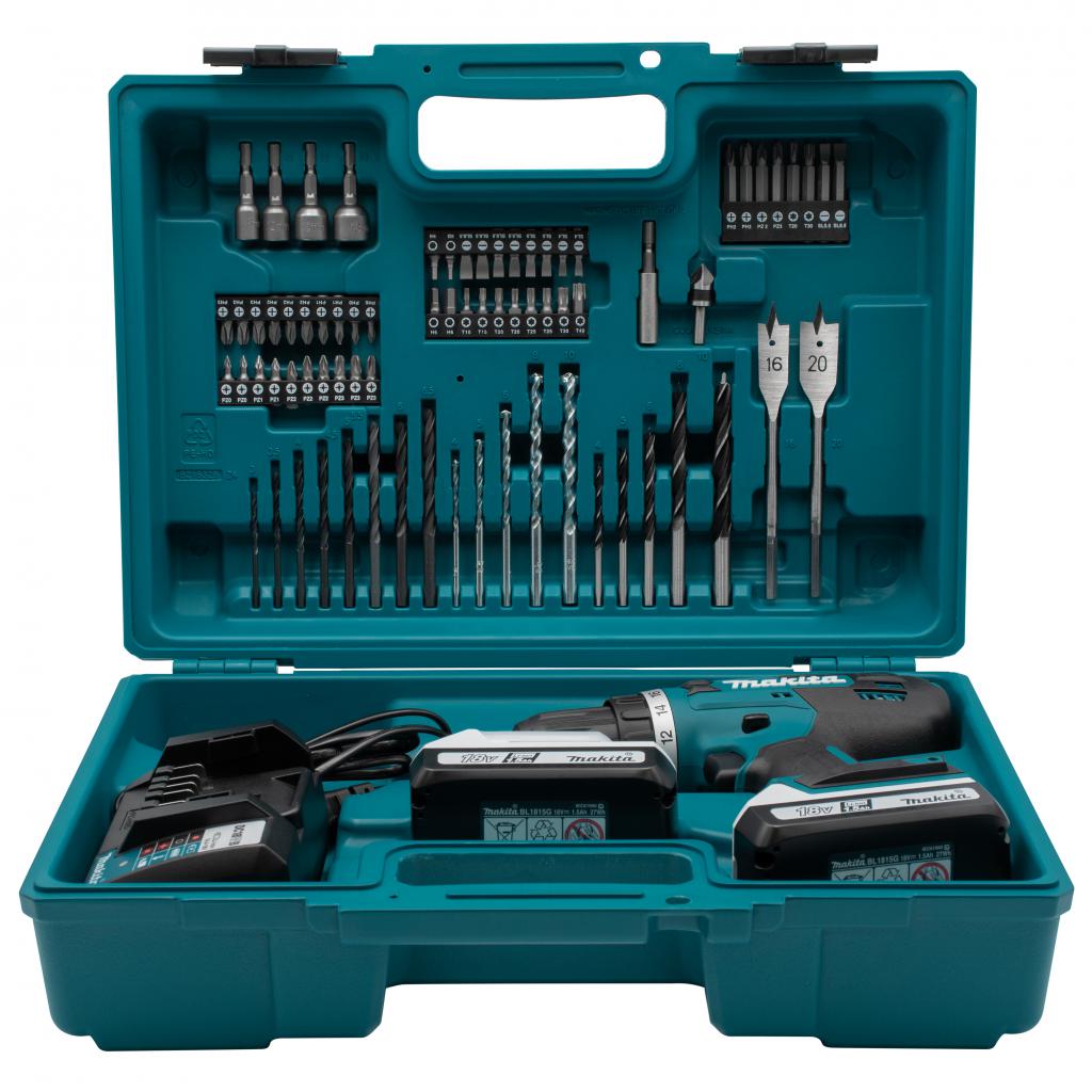 MAKITA สว่านไขควงไร้สาย 18V. 1/2 นิ้ว รุ่น DF488D005 แบต 1.5Ah.x2 พร้อมแท่นชาร์จ + อุปกรณ์เสริม 74 ชิ้น