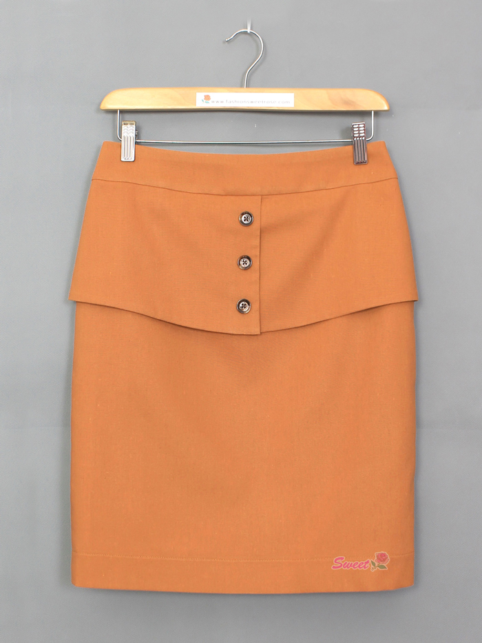 SK-495 กระโปรงทรงสอบ ผ้าคอตต้อนลินินสีส้ม