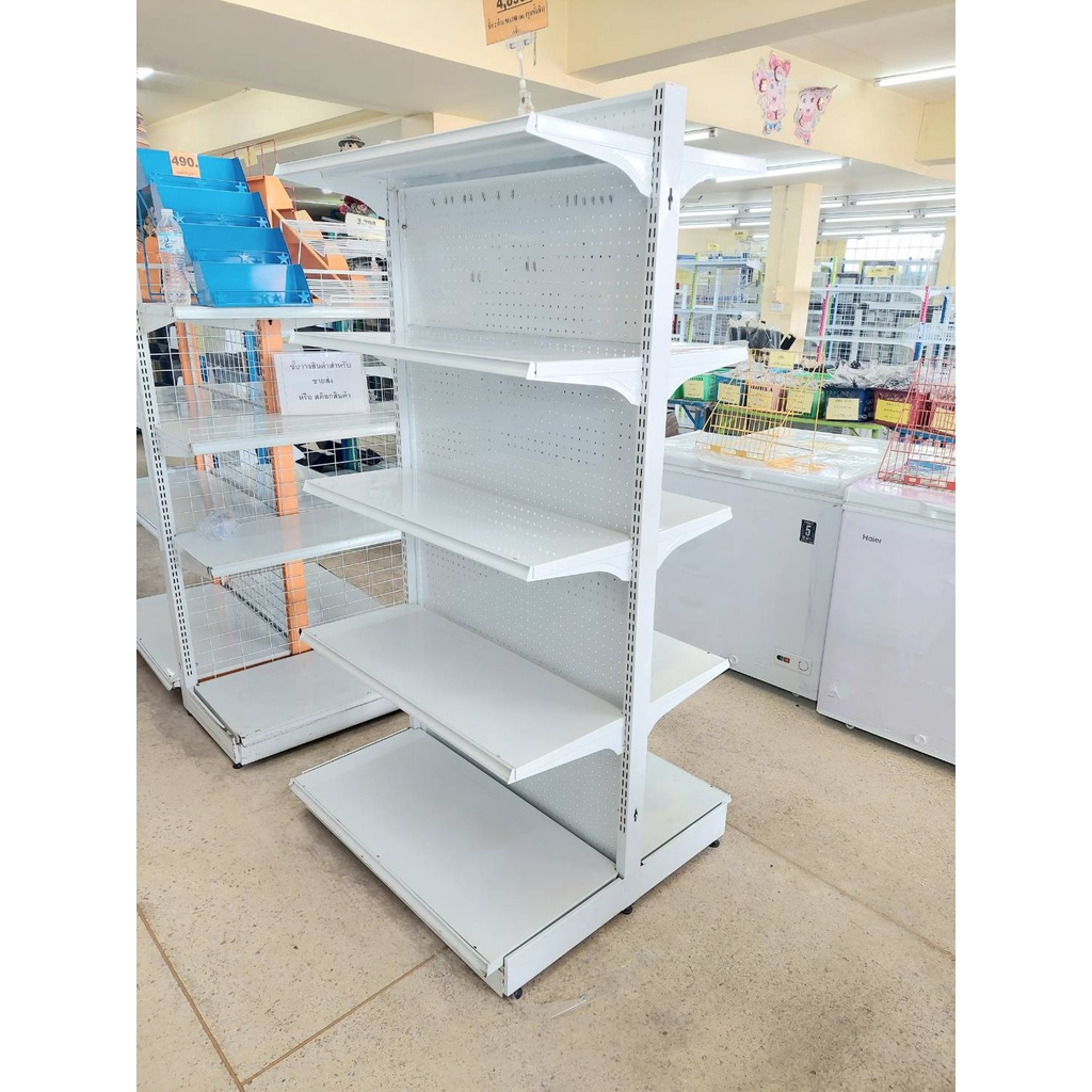 ชั้นวางสินค้าแบบ 2 ด้าน รุ่นผนังหลังทึบ(พั้นชิ่ง) 5ชั้นรวมฐาน ขนาด 90x180cm. ชั้นวางสินค้า ชั้นวางผนังรู ชั้นเรียงสินค้า